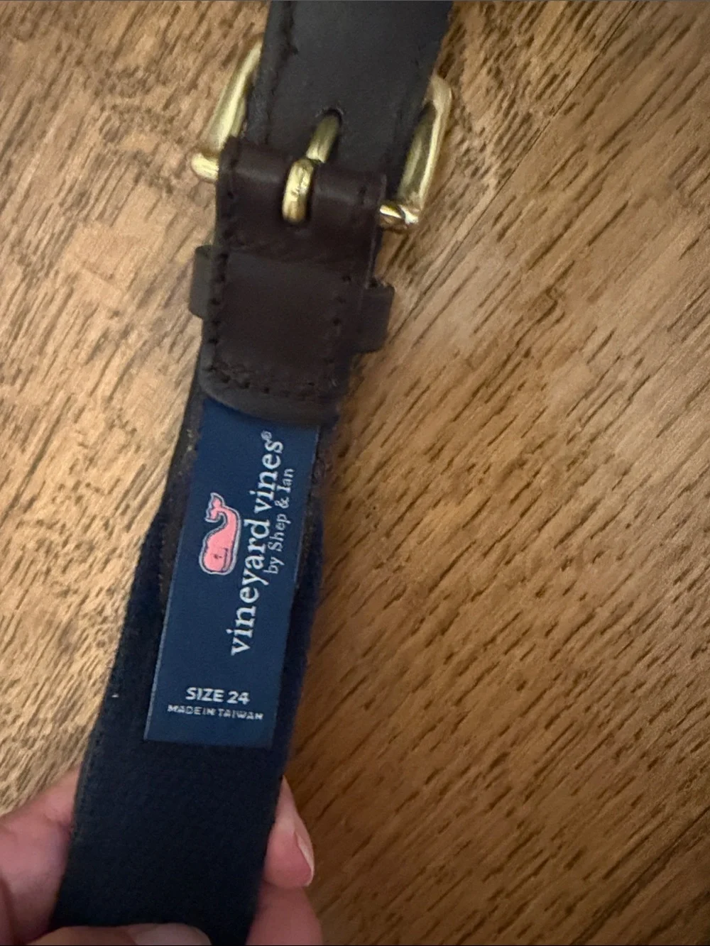 Vineyard Vines Navy Blue Webbed Kids Belt with Brown Leather Trim